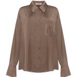 Блуза сатинова з вишивкою на кишені коричневий